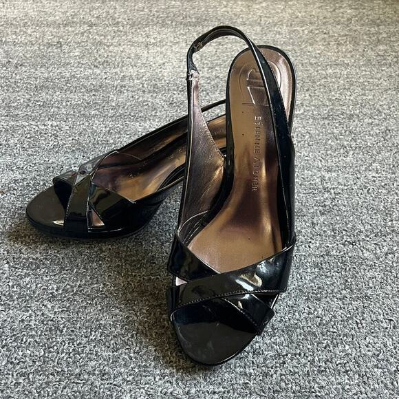 Etienne Aigner Black Glossy Sling Back Open Toed Heels Sz 8 - Picture 1 of 12